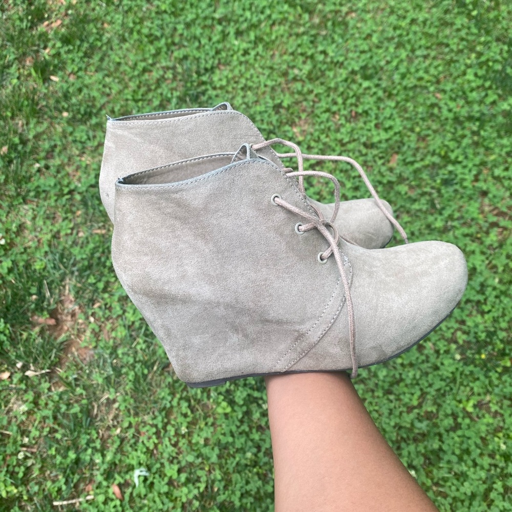 Taupe suede boot wedges